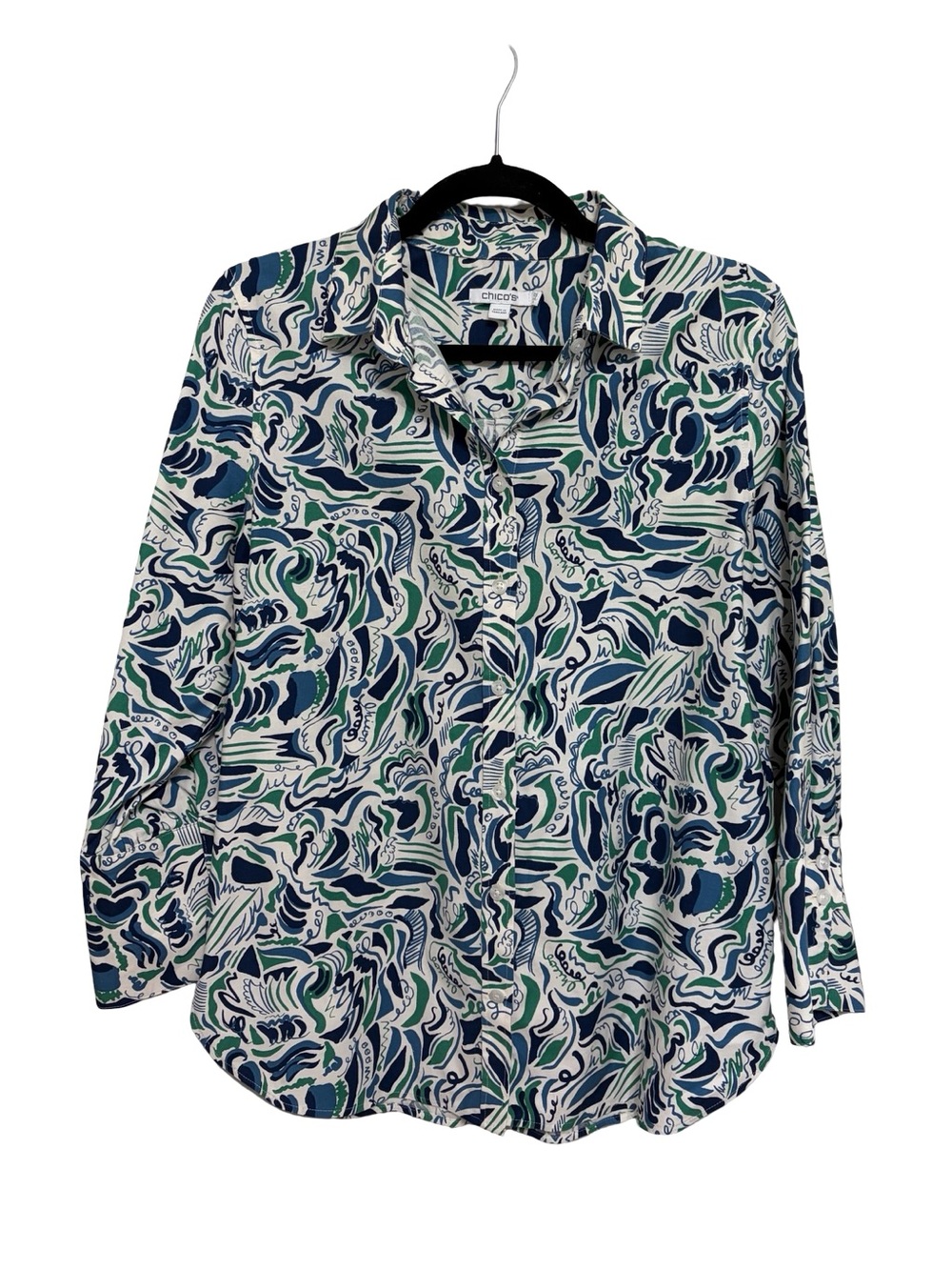 Chicos No Iron Cotton Stretch Button Down  Blue and Green Abstract Print -0.5(6)